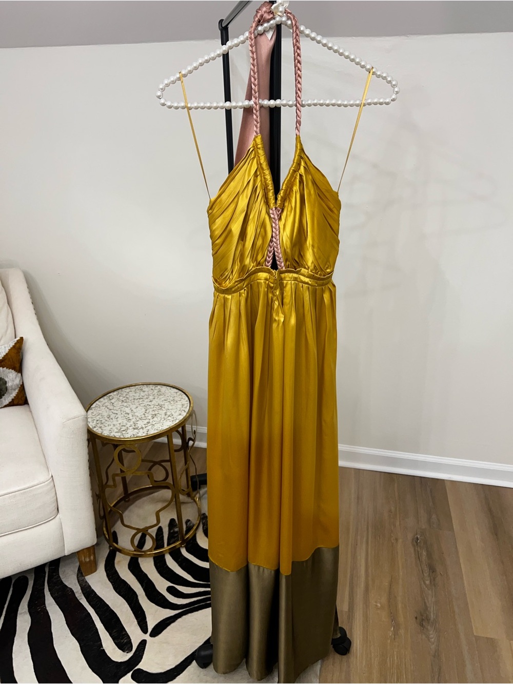 Anthropologie Mustard Gold Halter Maxi with Olive Hem